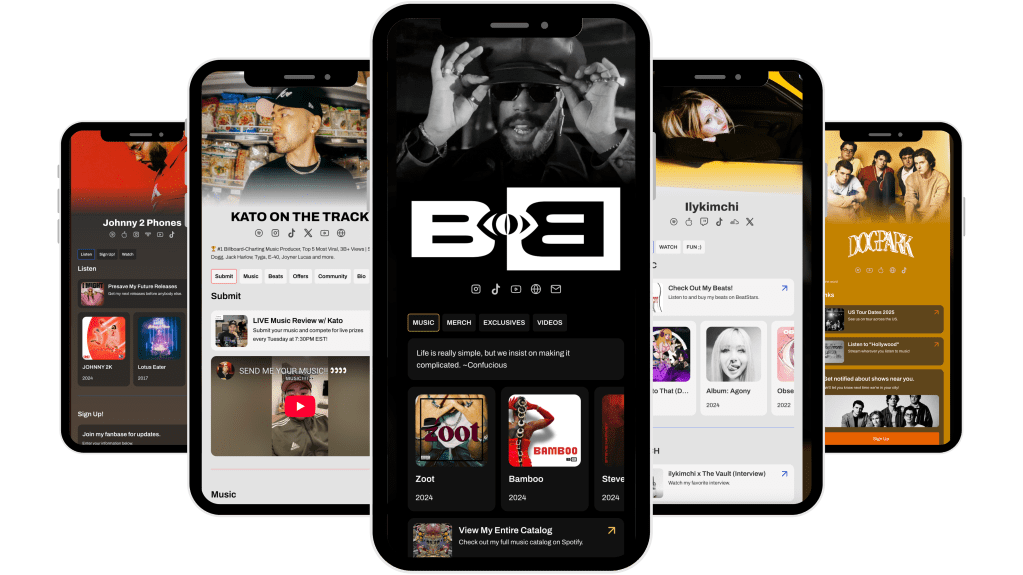 Screenshots of music app featuring artist profiles and playlists.